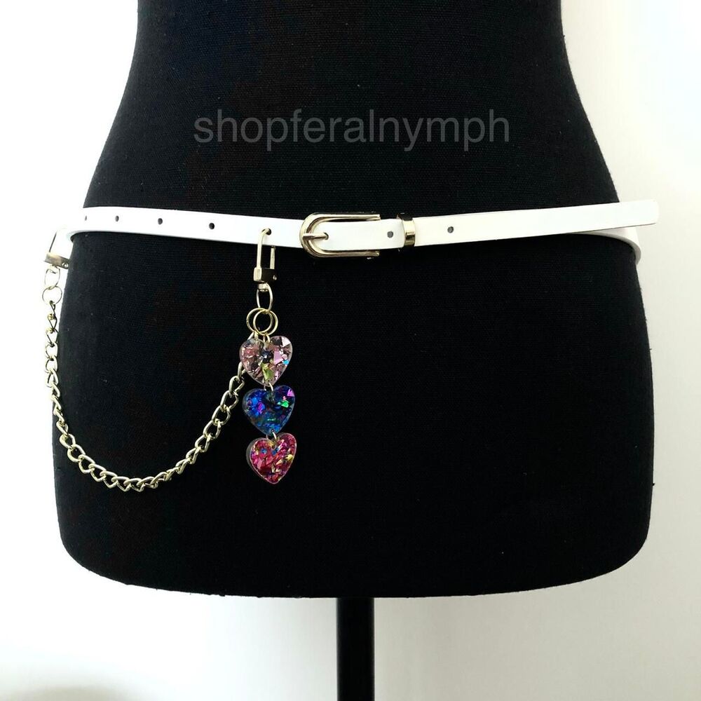White Y2K Glitter Heart Charm Coquette Chain Belt, Fits 33-35 Inches, X7GA1240